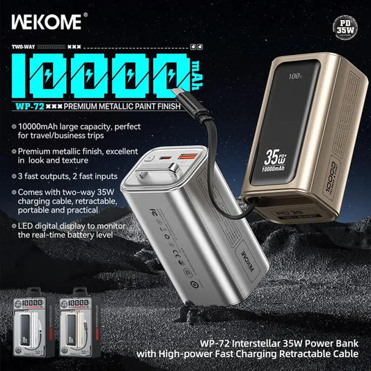Wekome WP-72 Power Bank 10000mAh – 35W Fast Charging, Retractable Type-C Cable, LED Display