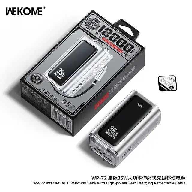 Wekome WP-72 Power Bank 10000mAh – 35W Fast Charging, Retractable Type-C Cable, LED Display The Wonders Mart Trading™