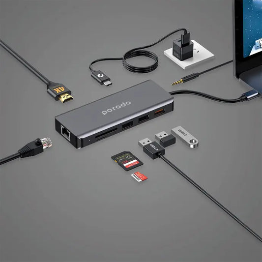 Porodo 9-in-1 USB-C Hub – 100W PD, 4K HDMI, Ethernet, USB 3.2, SD/MicroSD, 3.5mm Aux | Ultra Slim Multiport Adapter for Mac, Windows, Android, iOS – Gray
