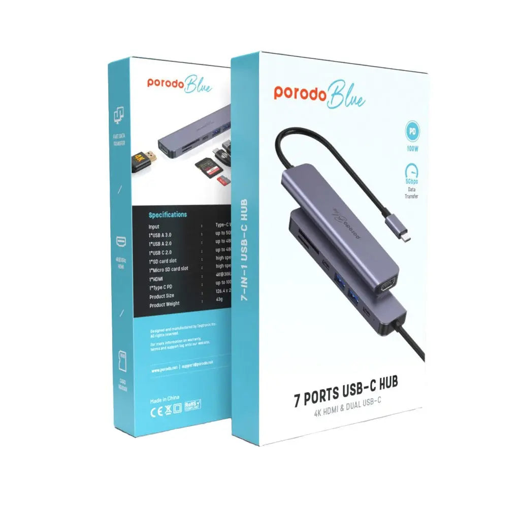 Porodo Blue 7-in-1 USB-C Hub – HDMI 4K, 2×USB-A, 2×USB-C, SD/MicroSD Card Readers, 100W PD | Ultra-Compact Adapter for MacBook, Windows, Android Devices – Aluminum Alloy Design The Wonders Mart Trading™