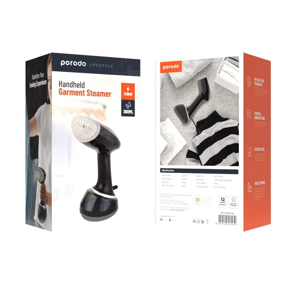 Porodo Lifestyle Handheld Garment Steamer – 1700W No-Leak Steam Iron with 360ml Tank, Vertical & Horizontal Ironing – Travel-Friendly with Fabric Brush (Black) The Wonders Mart Trading™