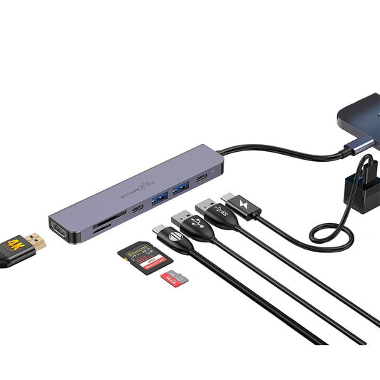 Porodo Blue 7-in-1 USB-C Hub – HDMI 4K, 2×USB-A, 2×USB-C, SD/MicroSD Card Readers, 100W PD | Ultra-Compact Adapter for MacBook, Windows, Android Devices – Aluminum Alloy Design