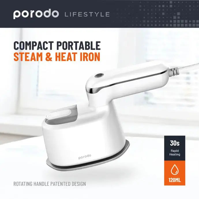 Porodo Lifestyle Mini Steam Iron – 1000W Ceramic Soleplate, Rotatable Handle, 120ml Tank | Compact Travel & Home Iron (UK Plug) The Wonders Mart Trading™