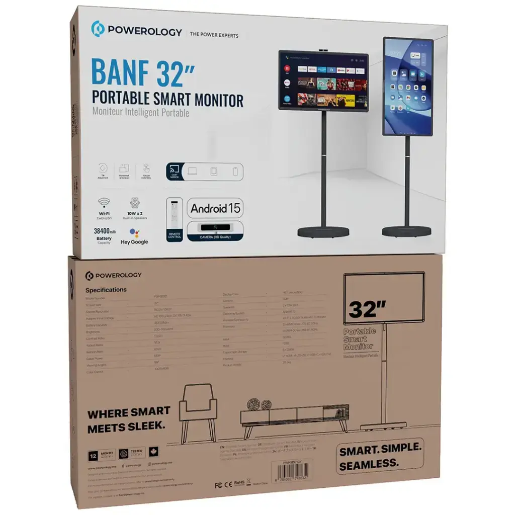 Powerology 32 Inch Portable Smart Monitor, FHD 60Hz Cordless Screen, Wi-Fi & Bluetooth, Portable Android TV on Wheels, Touch Screen, 2× Built-In Speakers, 38400mAh Battery, Netflix Shahid YouTube The Wonders Mart Trading™