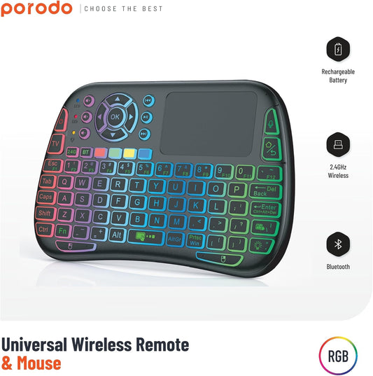 Porodo Mini Wireless Keyboard Touch Combo – 2.4GHz + Bluetooth | Built-In Mousepad, RGB, English/Arabic Layout, Universal Compatibility
