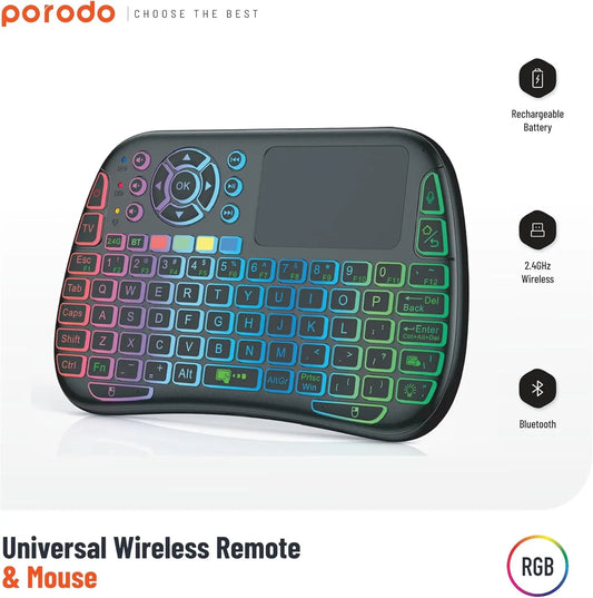 Porodo Mini Wireless Keyboard Touch Combo – 2.4GHz + Bluetooth | Built-In Mousepad, RGB, English/Arabic Layout, Universal Compatibility The Wonders Mart Trading™