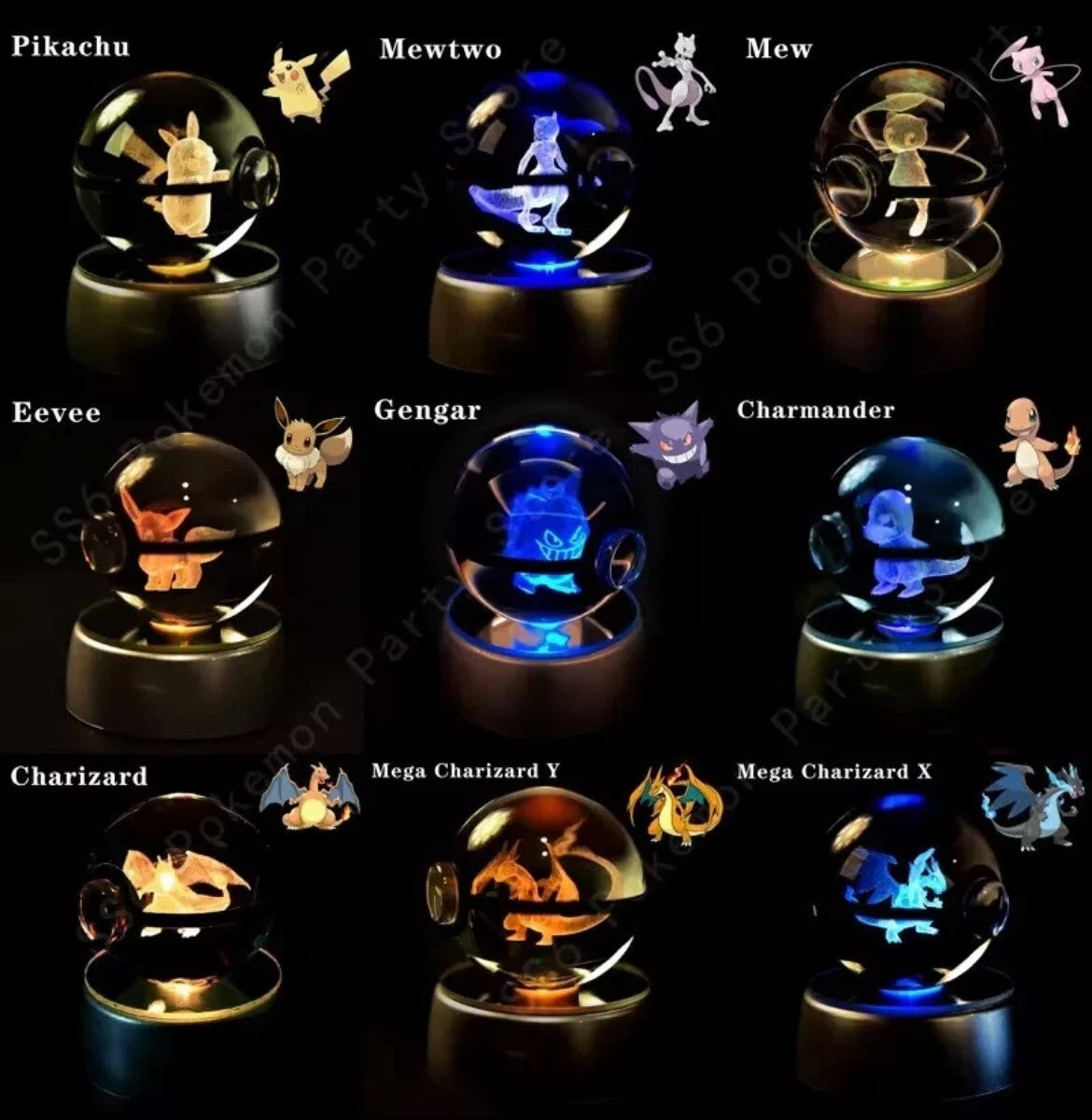 Pokémon 3D Crystal Ball Night Light – Laser Engraved with LED Base