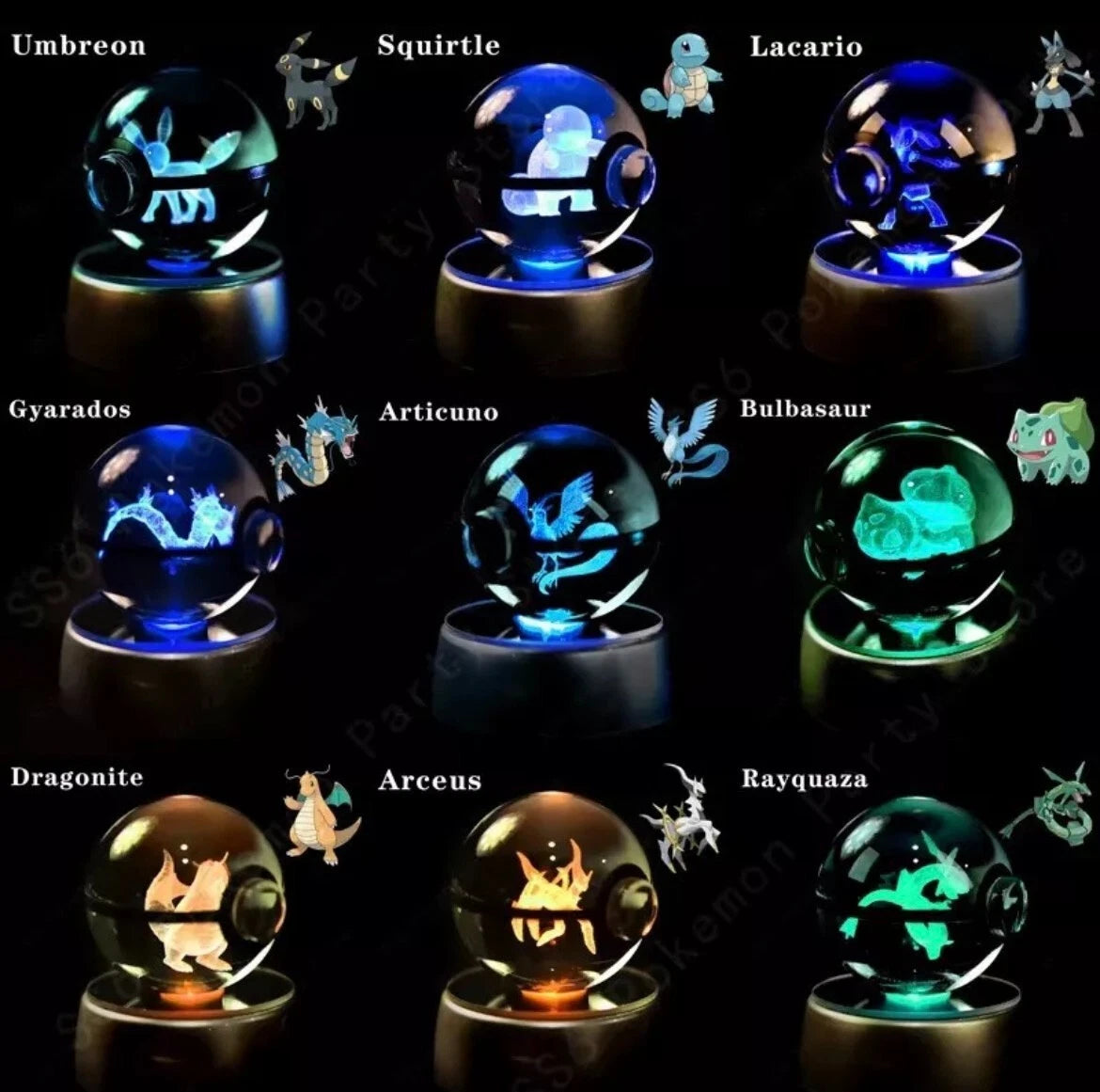 Pokémon 3D Crystal Ball Night Light – Laser Engraved with LED Base