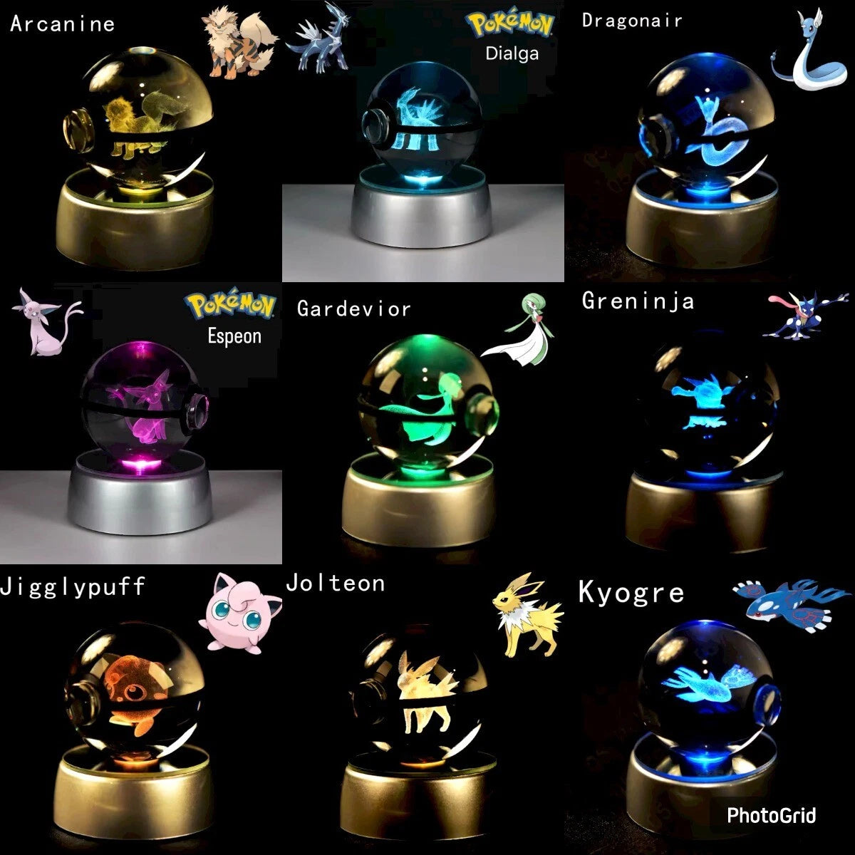 Pokémon 3D Crystal Ball Night Light – Laser Engraved with LED Base