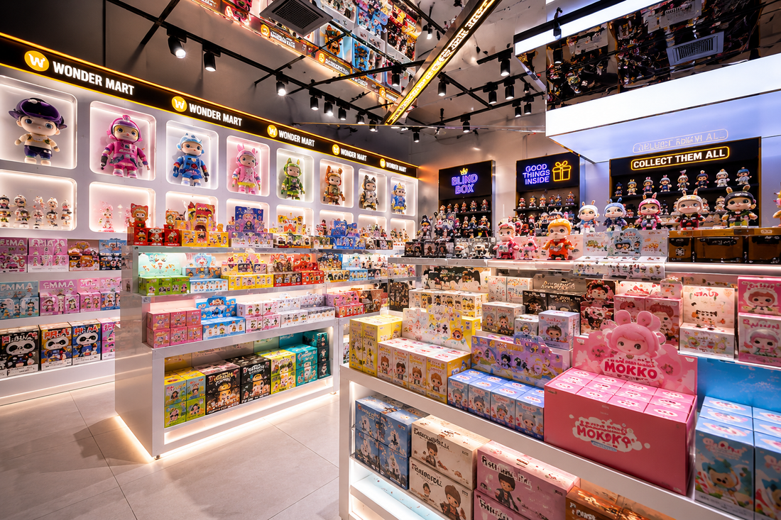 Blind boxes and anime collectibles display at Wonder Mart UAE with gaming figures, cute gifts, and LED retail shelves