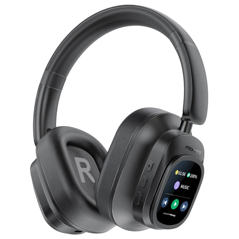 PROMATE VuTune™ Hybrid ANC Wireless Headphones with LCD Touch Screen – 50H Playtime, Foldable Design, Type-C Fast Charging, Premium Sound