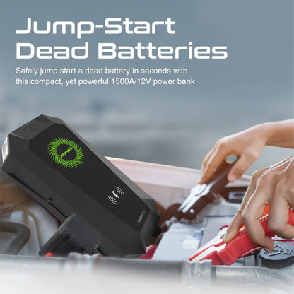 PROMATE HexaBolt-20 | 1500A Peak 19200mAh Car Jump Starter Power Bank with 10W Wireless Charging, Dual QC 3.0 USB Ports, Smart Clamps, LED Light & Emergency Glass Breaker