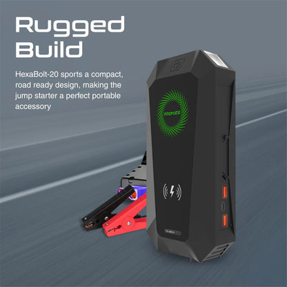 PROMATE HexaBolt-20 | 1500A Peak 19200mAh Car Jump Starter Power Bank with 10W Wireless Charging, Dual QC 3.0 USB Ports, Smart Clamps, LED Light & Emergency Glass Breaker