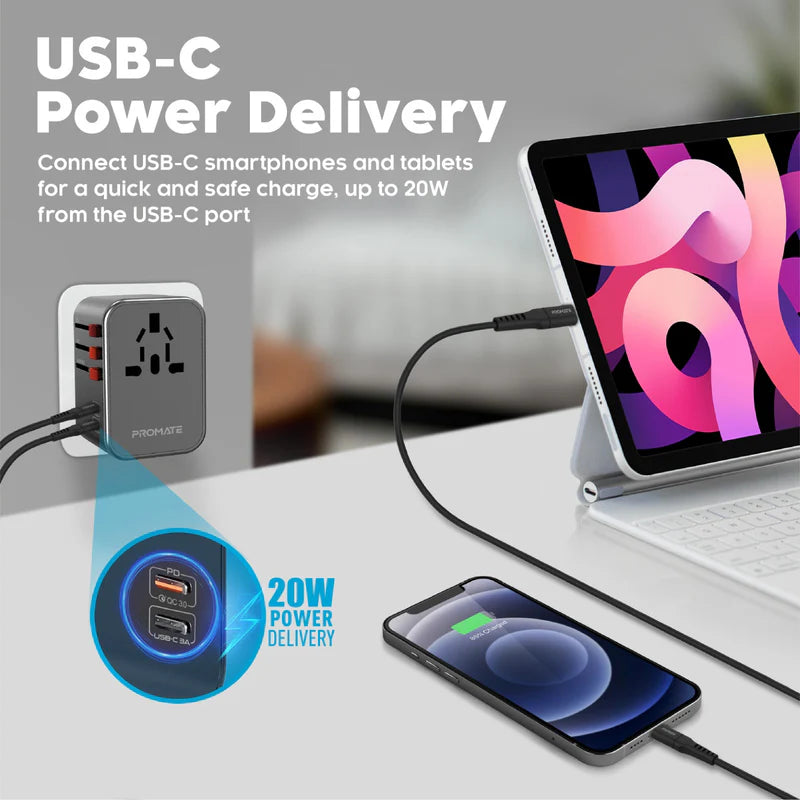 Promate TripMate-36W | 5-Port Universal Travel Adapter with Surge Protection – USB-C + USB-A – 36W Output – Global Plug Compatibility