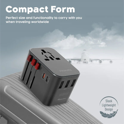 Promate TripMate-36W | 5-Port Universal Travel Adapter with Surge Protection – USB-C + USB-A – 36W Output – Global Plug Compatibility