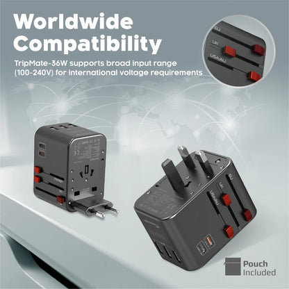 Promate TripMate-36W | 5-Port Universal Travel Adapter with Surge Protection – USB-C + USB-A – 36W Output – Global Plug Compatibility