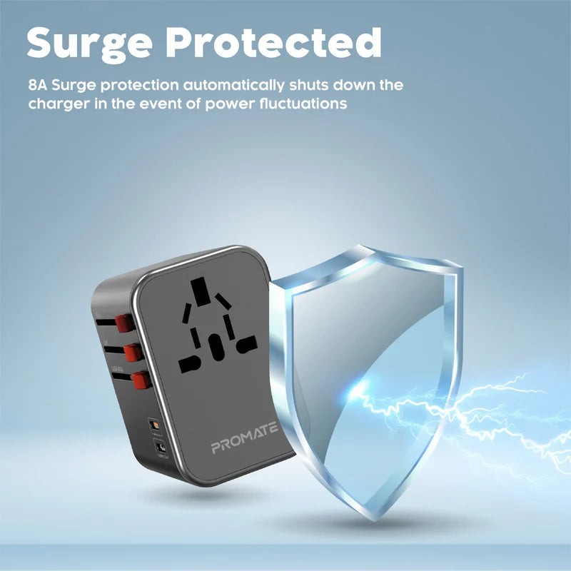 Promate TripMate-36W | 5-Port Universal Travel Adapter with Surge Protection – USB-C + USB-A – 36W Output – Global Plug Compatibility