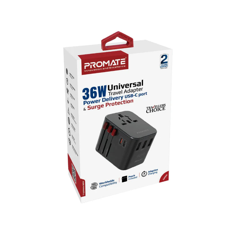 Promate TripMate-36W | 5-Port Universal Travel Adapter with Surge Protection – USB-C + USB-A – 36W Output – Global Plug Compatibility