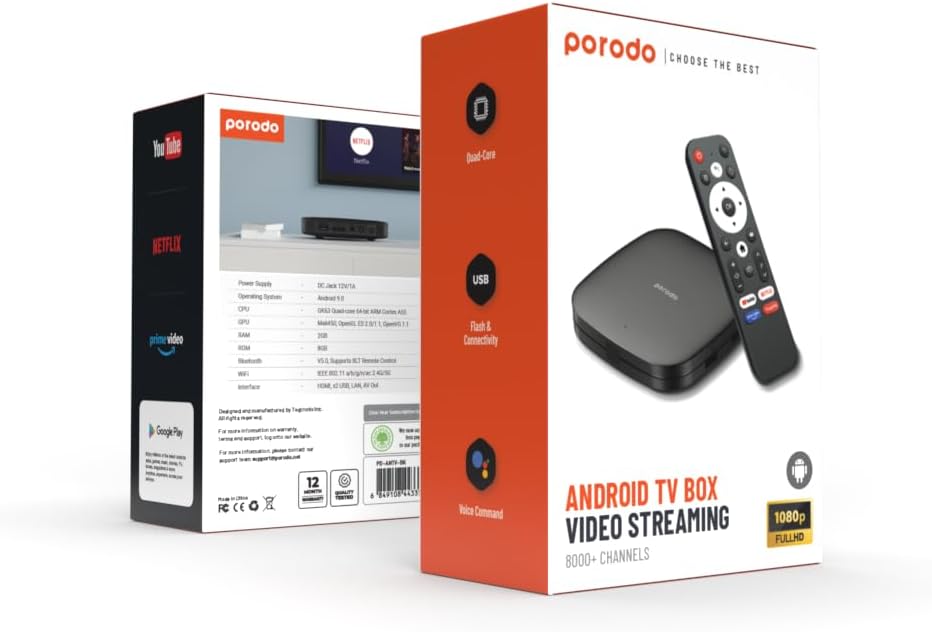 Porodo Android TV Box, 4K Ultra HD, 2GB RAM, 8GB Storage, Voice Command, Bluetooth Remote, Quad-Core CPU, Android 9.0, HDMI, USB, LAN, AV Out, Dual-Band WiFi, Home Entertainment