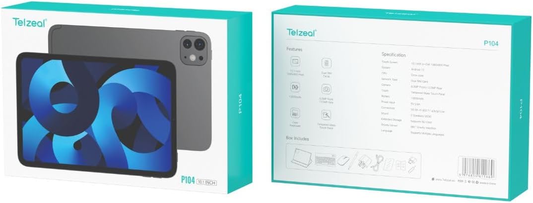 Telzeal P104 Android Tablet, 10.1-inch Display, 10000mAh Battery, 13MP Dual Camera, 16+1T Storage