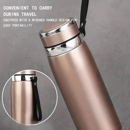 DENX Stainless Steel Thermos Bottle – Double-Wall Vacuum Insulated Flask | Hot & Cold Beverage Travel Bottle with Tea Strainer, Leakproof Lid, and One-Hand Flip Cap
