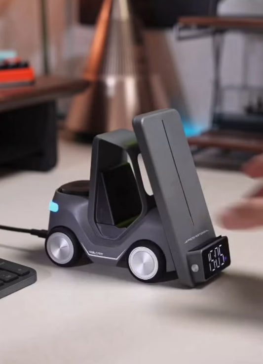 Smart Desktop Wireless Charger Forklift Design – Multi-Device Charging Station with Night Light & Digital Clock 5-in-1