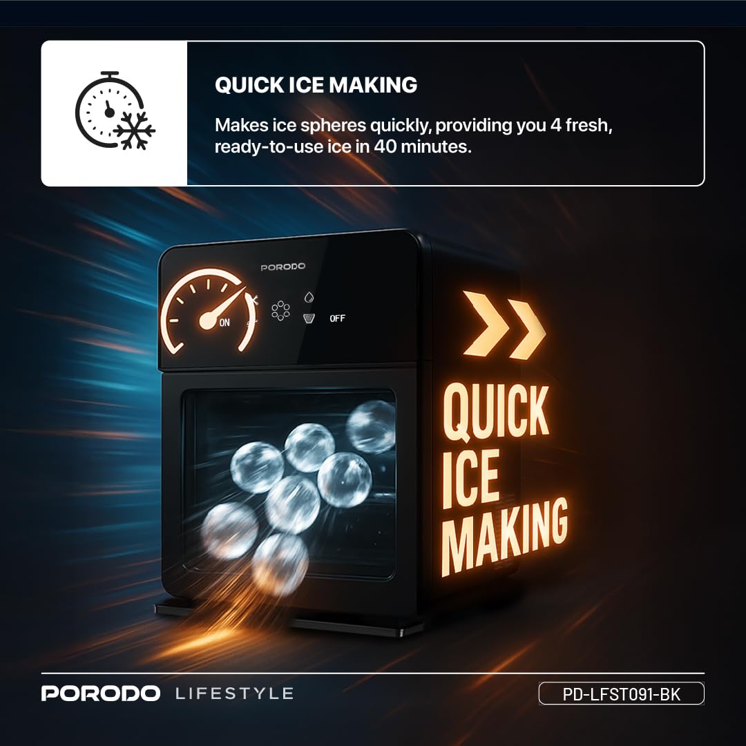 Porodo Sphere Ice Maker Countertop 250W, Auto-Cleaning, 160 Bullet Ice Cubes Daily (10kg/24H), 1.6L Water Tank, Waterline Pipe, Quiet Operation, Portable Ice Machine for Home Kitchen Office Party