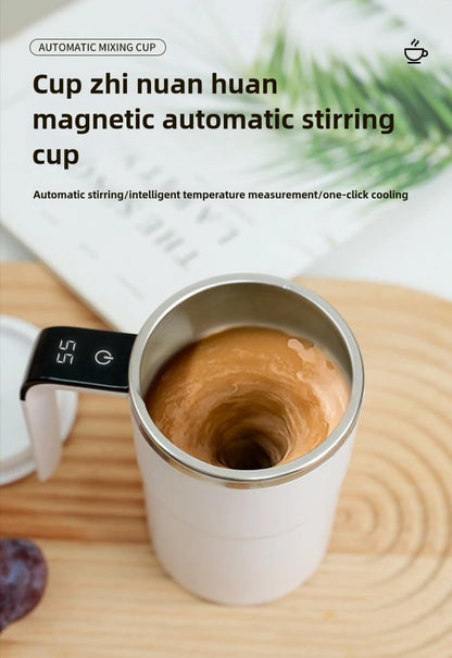 Automatic Stirring Coffee Mug – LED Temp Display, Rechargeable Magnetic Mixer, 380ml – Portable Stainless Steel Thermos for Coffee, Tea, & More