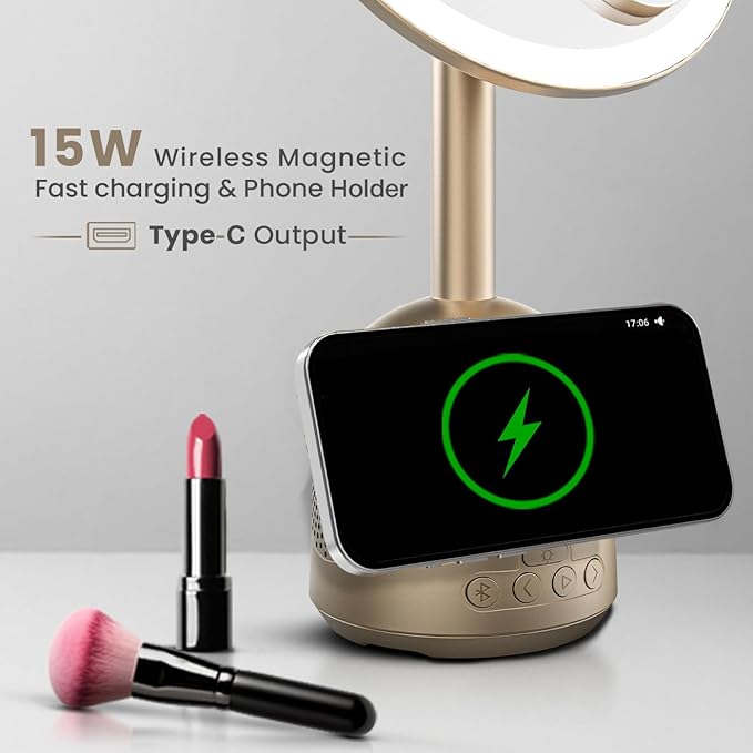 Green Lion Makeup Mirror with Bluetooth Speaker & 15W MagSafe Wireless Charger – 3-Level LED Light, 60° Adjustable, Type-C Output – Gold