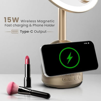 Green Lion Makeup Mirror with Bluetooth Speaker & 15W MagSafe Wireless Charger – 3-Level LED Light, 60° Adjustable, Type-C Output – Gold