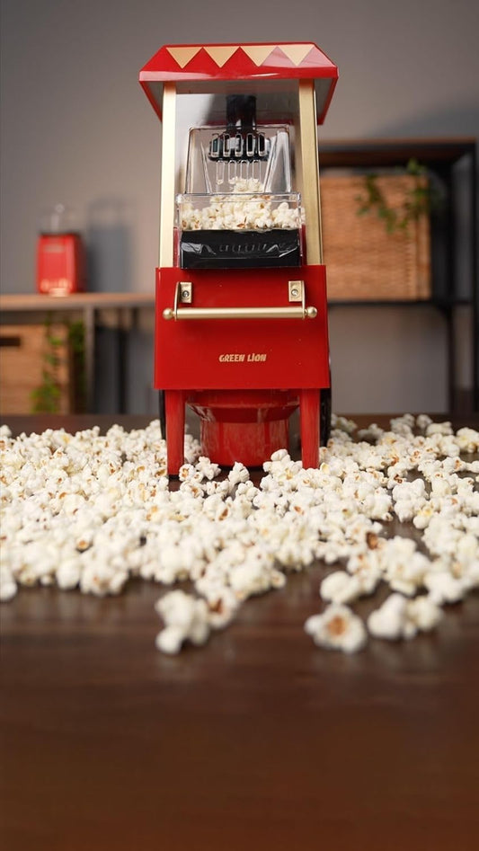 Green Lion Vintage Popcorn Maker – 1200W, 270mL Capacity, Hot Air Technology, Retro Design – Red