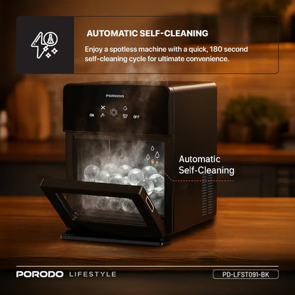 Porodo Sphere Ice Maker Countertop 250W, Auto-Cleaning, 160 Bullet Ice Cubes Daily (10kg/24H), 1.6L Water Tank, Waterline Pipe, Quiet Operation, Portable Ice Machine for Home Kitchen Office Party