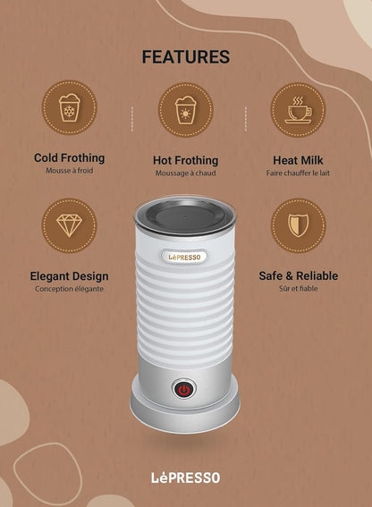 LePresso Hot & Cold Milk Frother – 110mL Frothing, 200mL Heating, One-Touch Operation | Lightweight & Portable, Non-Stick Interior, Safe & Reliable