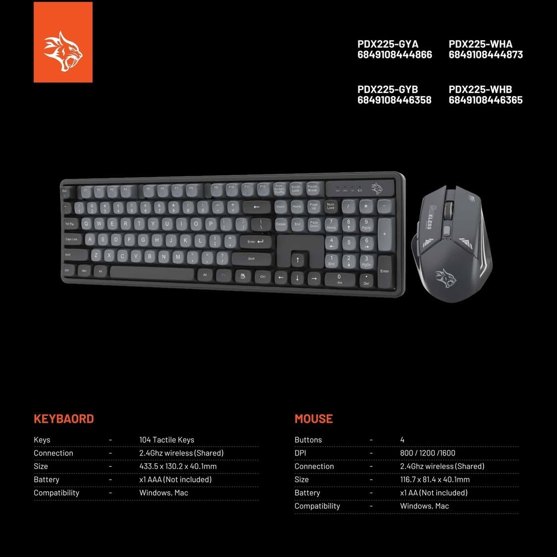 Porodo Wireless Gaming Keyboard & Mouse Set – 2.4GHz Connection, 1600 DPI Adjustable Mouse, Ergonomic Design | Compatible with Windows & Mac