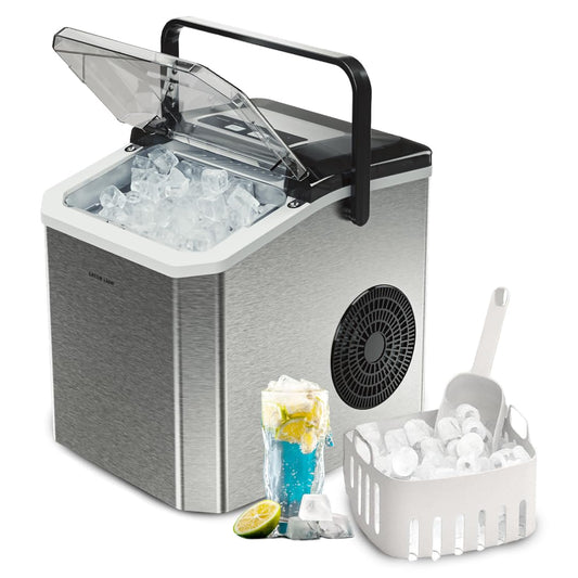 Green Lion Instant Ice Maker, 8min Quick Ice, 130W, Self Cleaning Countertop Ice Maker Machine, Portable Handle, 1.3L Water Tank, 500g Ice Basket + Scoop, Touch Controls, for Home, Kitchen, Party - Grey
