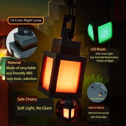 Minecraft-Inspired Pixel Lantern Night Light – 16 Color RGB Rechargeable Gaming Room Lamp The Wonders Mart Trading™