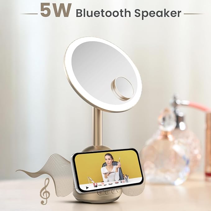 Green Lion Makeup Mirror with Bluetooth Speaker & 15W MagSafe Wireless Charger – 3-Level LED Light, 60° Adjustable, Type-C Output – Gold