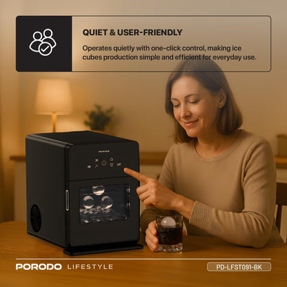 Porodo Sphere Ice Maker Countertop 250W, Auto-Cleaning, 160 Bullet Ice Cubes Daily (10kg/24H), 1.6L Water Tank, Waterline Pipe, Quiet Operation, Portable Ice Machine for Home Kitchen Office Party