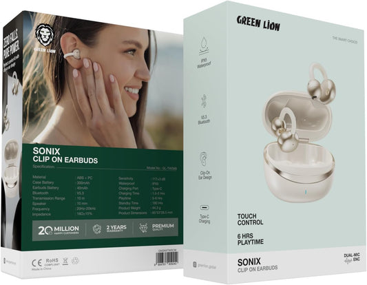 Green Lion Sonix Clip-On Earbuds, Bluetooth 5.3, IPX5 Waterproof, 5-6H Playtime, ENC, Touch Control, Type-C Charging, 40mAh Battery, Dual-Mic