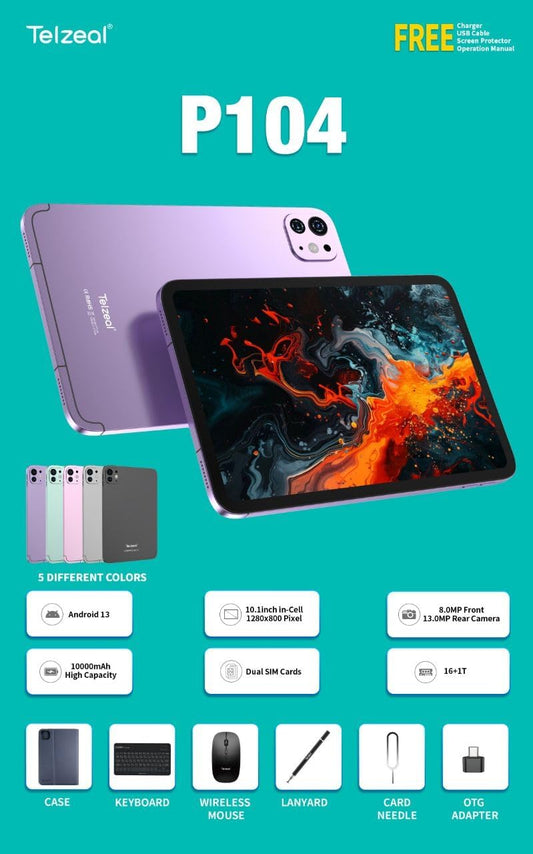 Telzeal P104 Android Tablet, 10.1-inch Display, 10000mAh Battery, 13MP Dual Camera, 16+1T Storage