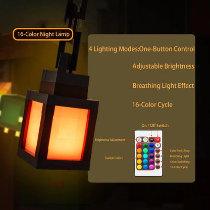 Minecraft-Inspired Pixel Lantern Night Light – 16 Color RGB Rechargeable Gaming Room Lamp The Wonders Mart Trading™