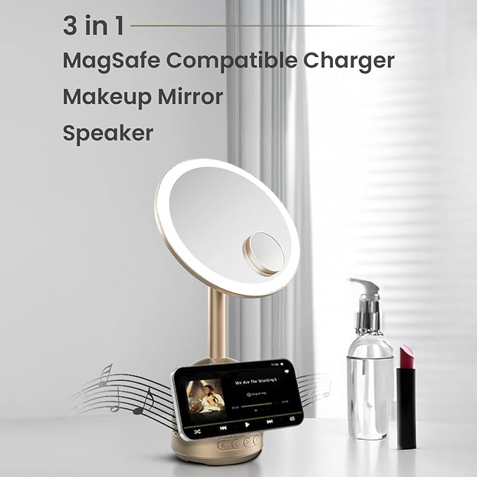 Green Lion Makeup Mirror with Bluetooth Speaker & 15W MagSafe Wireless Charger – 3-Level LED Light, 60° Adjustable, Type-C Output – Gold