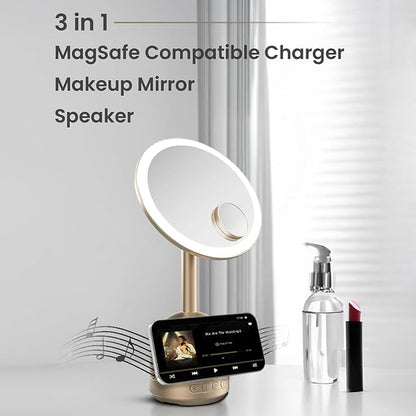 Green Lion Makeup Mirror with Bluetooth Speaker & 15W MagSafe Wireless Charger – 3-Level LED Light, 60° Adjustable, Type-C Output – Gold