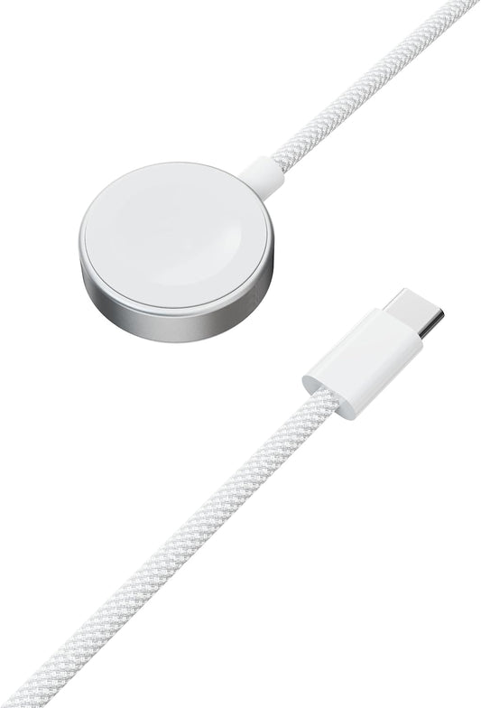 Porodo One Touch Charger magnetic Watch Charger 2.5W, Compatible with iWatch & Samsung Watch, Strong Magnet, High-Speed Charging, Durable Cotton Briaded Material, USB-C Connector - White