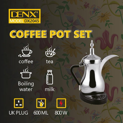 DENX 800W Arabic Electric Coffee Pot – 600ml Stainless Steel Kettle for Coffee, Tea, Milk & Water | Fast Boil, Stable Base, Energy-Efficient (DX2045)