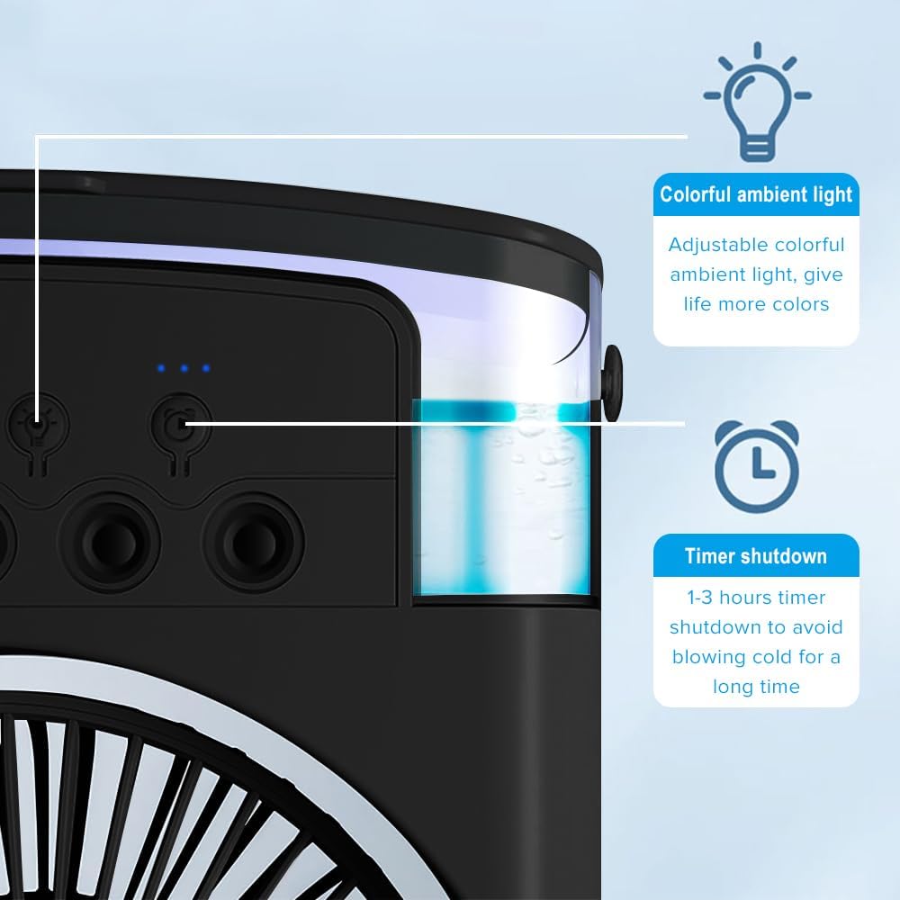 DENX USB Desk Misting Fan – 3-Speed Air Cooler, 600ml Tank, Timer, 7-Color LED Lights, Portable Personal Air Conditioner for Home, Office, and Travel