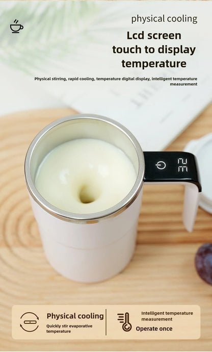 Automatic Stirring Coffee Mug – LED Temp Display, Rechargeable Magnetic Mixer, 380ml – Portable Stainless Steel Thermos for Coffee, Tea, & More