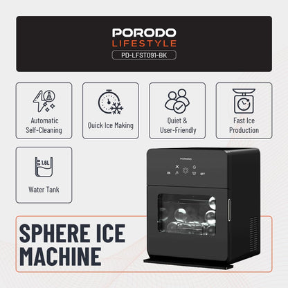 Porodo Sphere Ice Maker Countertop 250W, Auto-Cleaning, 160 Bullet Ice Cubes Daily (10kg/24H), 1.6L Water Tank, Waterline Pipe, Quiet Operation, Portable Ice Machine for Home Kitchen Office Party
