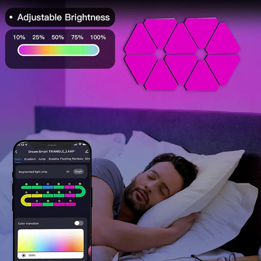 Smart Triangle LED Wall Light – Modular RGB Panels with Music Sync, App & Remote Control, DIY Lighting for Gaming Room, Bar, or Home Decor
