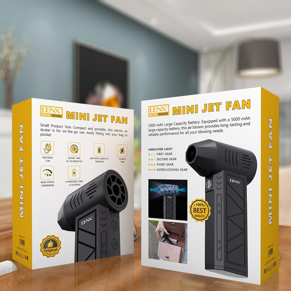 DENX Turbo Power Mini Jet Fan – 130,000 RPM Cordless Air Blower | 70W, 5000mAh Battery, 4-Speed Cleaning for Electronics, Cars & Home (Model DX2582)